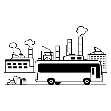 A white bus is driving on a paved road through an industrial area. In the background, there are several factories with large smokestacks and visible machinery. The factories have multiple windows and varying heights, creating a skyline of industrial structures. There are scattered items such as metal containers and machinery parts along the roadside. The atmosphere is busy, reflecting the hustle of a working industrial site.