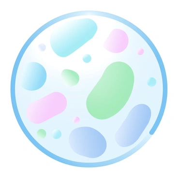 A microscope slide with a variety of cells displayed prominently. There are several types of cells, including round blood cells and elongated cells, all visibly distinct in shape and size. The background of the slide features a light blue gradient that enhances the visibility of the cells. The cells are filled with shades of soft green and pastel pink, creating a contrast against the background. The overall composition is vibrant and detailed, showcasing the intricate structures of the cells.