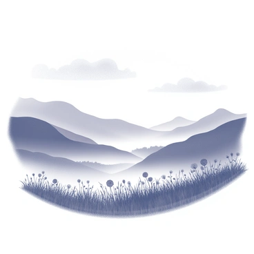 A valley is depicted in the image, with rolling hills on either side. A thin veil of mist hovers just above the ground, partially obscuring the terrain. The foreground features tall grasses and wildflowers bending gently in a light breeze. The distant hills are softly shaped, appearing almost ethereal through the mist. The sky above is vast, with soft clouds scattered throughout, contributing to the tranquil atmosphere of the landscape.