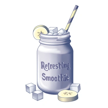 A mason jar filled with a creamy smoothie. The smoothie has a thick texture and is topped with a layer of ice cubes. There is a slice of banana resting on the rim of the jar. The jar is labeled with decorative text that reads "Refreshing Smoothie." A colorful straw is inserted into the jar, leaning against the side, while a few banana slices and ice cubes are scattered around the base of the jar.