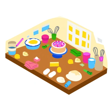A brightly colored baking kitchen is illustrated in an isometric view. The kitchen features a wooden countertop cluttered with various baking tools such as whisks, measuring cups, and rolling pins. An assortment of ingredients including flour, sugar, eggs, and butter are scattered across the surface. A freshly baked cake, topped with vibrant icing and decorative sprinkles, sits proudly on a round cake stand in the center. The walls are adorned with cheerful wall decorations, and a window lets in warm sunlight, illuminating the joyful baking scene.