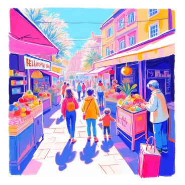 A lively market bustling with activity features various booths filled with colorful goods. Shoppers wearing sleek augmented reality glasses interact with the products on display. Some shoppers are examining bright fruits and vegetables while others are admiring handcrafted items. The market is surrounded by vibrant banners and signs advertising different products. A few children are playfully darting between stalls, while vendors enthusiastically showcase their wares. The atmosphere is filled with energy and excitement as shoppers experience a blend of physical and virtual offerings.