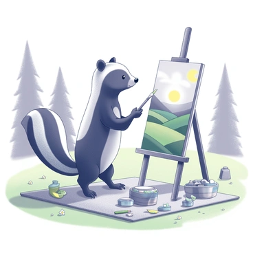A skunk is standing upright, holding a paintbrush in its paw while focusing on a canvas placed on an easel. The skunk has distinctive white stripes along its back and is surrounded by various art supplies scattered on a picnic blanket. The park setting features green grass, tall trees in the background, and a few scattered flowers nearby. The canvas depicts a vibrant landscape, with rolling hills and a bright sun in the sky. The skunk appears concentrated as it adds strokes of paint to the canvas.