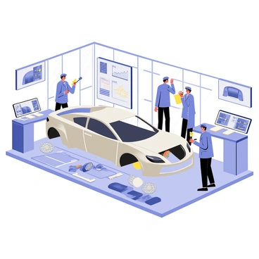 A modern engineering lab featuring various high-tech workstations. In the center, there is a sleek, silver luxury car chassis partially assembled, showcasing the intricate details of its design. Surrounding the chassis are engineers, wearing blue lab coats, focused on their tasks with advanced tools in hand. On the walls, there are large screens displaying 3D models of luxury car components and graphs indicating performance metrics. Various components like leather seats, polished alloy wheels, and high-tech dashboards are neatly arranged on tables. The lab is well-lit, with large windows allowing natural light to illuminate the space.