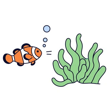 A clownfish with bright orange and white stripes is blowing bubbles. The bubbles are round and vary in size, gently floating upwards in the water. The clownfish is playfully swimming near a green anemone, which has long, flowing tentacles swaying with the current. The scene shows the clownfish darting between the anemone’s tentacles, creating a lively interaction in the underwater environment.