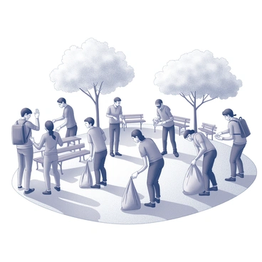 A group of people is gathered in a park, engaged in cleaning activities. Some individuals are holding large trash bags, while others are wearing gloves as they pick up litter from the ground. The scene includes a variety of people, showcasing diversity in age and appearance. There are trees in the background providing shade, and benches are positioned along the pathways. Some park benches are occupied by onlookers, observing the cleaning effort. The participants appear focused and committed to their task, demonstrating community spirit and teamwork.