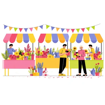 A bustling flower market filled with vibrant stalls overflowing with a variety of colorful blossoms. Each stall features an array of flowers, including red roses, yellow sunflowers, and purple lavender, creating a lively atmosphere. Shoppers are seen examining the flowers, while a vendor is arranging a bouquet of mixed flowers. The ground is adorned with fallen petals, adding to the lively scene. Brightly colored banners hang above the stalls, enhancing the market's inviting charm.