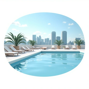 A luxurious rooftop swimming pool, featuring a clear blue water surface reflecting the sun. Surrounding the pool are sleek, modern lounge chairs with white cushions and small side tables. The pool area is adorned with potted palm trees, adding a tropical touch. In the background, a stunning city skyline is visible, showcasing tall skyscrapers under a bright blue sky. The scene is vibrant, inviting, and showcases a perfect blend of relaxation and urban life.