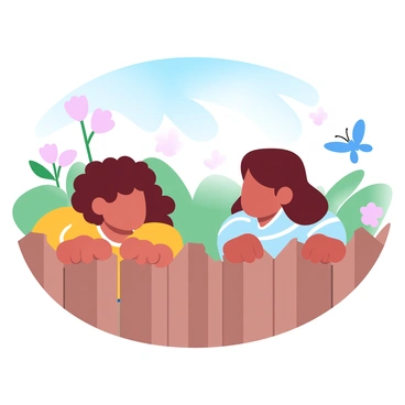 Two children are peeking through a wooden fence. One child has curly hair and is wearing a bright yellow shirt. The other child has straight hair and is dressed in a blue and white striped outfit. Both children have their hands resting on the fence as they look through the slats with curiosity. Behind them, a lush green garden is visible, with colorful flowers blooming and a blue sky overhead. A playful butterfly flits near the children, adding to the whimsical scene.