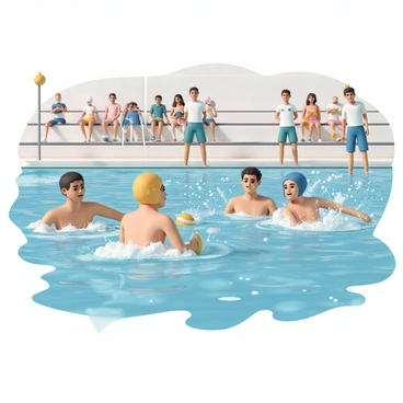 A dynamic scene depicting a water polo match in an indoor swimming pool. A team of six players, all wearing colored caps in blue and yellow, are actively engaged in the game. One player, a man with short black hair, is swimming towards the left, clutching a ball in his right hand. To his right, another player, a woman with long brown hair, is positioning herself to defend against an opponent. The water is splashing around them, with bubbles and ripples creating movement. In the background, a referee is seen blowing a whistle while standing at the edge of the pool. Various spectators, including men and women of different ages, are sitting in bleachers, watching the exciting match unfold.