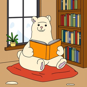 A fluffy alpaca with soft, creamy white fur is sitting on a plush red cushion in a cozy library. The alpaca has big, curious eyes and a small, gentle smile, as it holds a large, colorful book open in front of it with both front hooves. Sunlight streams through a tall window nearby, illuminating the room and casting warm light on the alpaca and the surrounding wooden bookshelves filled with books of various colors. A few scattered books are resting on the floor, and a small potted plant sits on the windowsill, adding a touch of green to the scene.