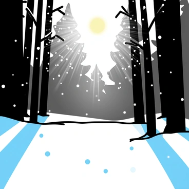 "Bright sunlight filtering through the tall trees in a dense forest. Fresh snow covers the ground, glistening and sparkling like diamonds under the light. Each snowflake catches the sunlight, creating a twinkling effect across the white expanse. The shadows of the trees create contrast against the bright, glimmering snow."
