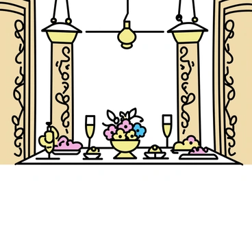 A large table is set in an elegant hall, surrounded by ethereal wooden columns. The table is covered with a delicate white cloth and adorned with an abundance of food, including golden platters filled with fruits, nuts, and pastries. Elegant glassware sparkles in the soft light, reflecting intricate patterns on the smooth surface. A centerpiece of vibrant flowers in various colors stands in the middle of the table, adding a touch of nature. The walls of the hall are decorated with intricate carvings of leaves and vines, and warm, inviting lanterns hang from the ceiling, casting a gentle glow over the setting.