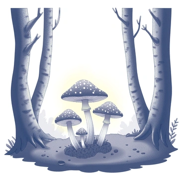 A cluster of glowing mushrooms casting light in a dark magical forest