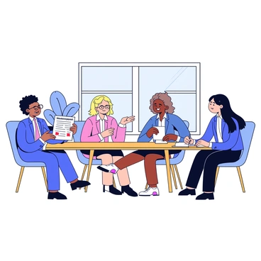 A group of four colleagues is gathered around a wooden conference table in a modern office. Each person is wearing formal business attire. One colleague, with short black hair and glasses, is holding a document titled "Workplace Social Contract" and pointing at it. Another colleague, a woman with curly blonde hair, is smiling and nodding in agreement. The third colleague, with light brown hair, is leaning forward, actively engaging in the discussion. The fourth colleague, with long straight black hair, is writing notes on a notepad. In the background, there is a large window allowing natural light to illuminate the room, and a potted plant is placed in the corner.