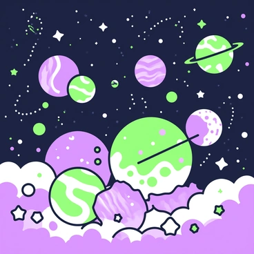 A cosmic muster of planets and stars set against a deep space backdrop