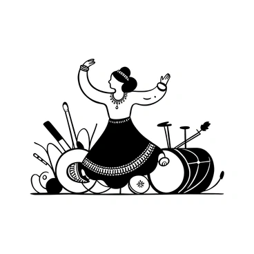 A woman wearing traditional attire showcasing intricate patterns and details in the fabric, gracefully in motion as she performs a cultural dance. Her arms are elegantly raised, and there are decorative elements like bangles and necklaces adorning her. The background features traditional musical instruments, such as drums and flutes, arranged artistically. Ethnic motifs are present on the ground, adding to the cultural atmosphere of the scene.