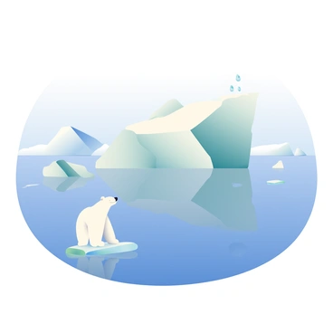 A large, majestic iceberg is partially submerged in the clear blue ocean, with a section melting away, causing small droplets of water to splash into the sea. The backdrop features a vast horizon where the ocean meets the sky, painted in soft shades of blue and white. In the foreground, a polar bear with white fur is standing on a small piece of ice, looking intently towards the horizon. Its posture is alert, with its head held high, and the bear's reflection can be seen in the surrounding water. The scene captures the stark beauty of nature, highlighting the iceberg and the polar bear as they coexist in this serene environment.