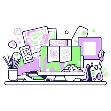 A messy desk is cluttered with various art supplies, including paint tubes, brushes, and charcoal sticks. There are multiple sketchbooks stacked haphazardly, some open to reveal half-finished drawings filled with intricate designs and sketches. A palette with splashes of color sits off to one side, next to a jar filled with brushes of different sizes. A small framed picture leans against the wall behind the desk, adding to the creative atmosphere. Scattered pieces of paper with doodles and notes are visible, contributing to the overall disorganized yet artistic appearance.