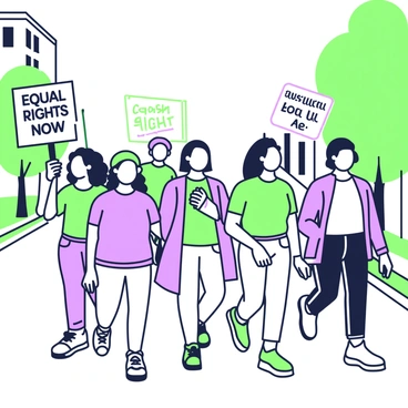 A group of Freedom Riders is walking together down a street. They are diverse in age and ethnicity, representing a united front. Each person holds a sign with messages for justice; some signs read "Equal Rights Now" and "Justice for All". The Freedom Riders are dressed in casual clothing, with a mix of t-shirts, jeans, and comfortable shoes, suitable for a march. In the background, buildings line the street, and a few trees are visible along the sidewalks. The expressions on their faces are determined and focused, showing their commitment to the cause.