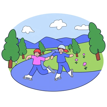 Two roller-skaters, one wearing a bright red helmet and the other in a blue one, are gliding smoothly down a winding mountain road. The road is flanked by lush green trees and colorful wildflowers. In the background, a wide valley opens up, revealing rolling hills and a clear blue sky dotted with fluffy white clouds. The skaters have a joyful expression on their faces as they navigate the gentle curves of the road.