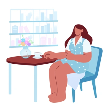 A chic cafe setting features a wooden table adorned with a small vase of colorful flowers. A patron is seated at the table, wearing a charming buttoned mini dress with a floral pattern. The cafe has a backdrop of large windows letting in soft light, and shelves lined with books and decorative items. The patron is relaxed, with a cup of coffee placed in front of her, and a light scarf draped on the chair beside her. The overall atmosphere is inviting and warm.