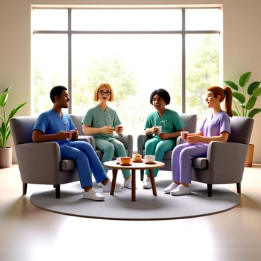 A group of three doctors with diverse ethnic backgrounds sitting comfortably in a hospital lounge. One doctor has short black hair and is wearing a blue scrubs outfit, while another has curly brown hair and is dressed in green scrubs. The third doctor has long blonde hair pulled back into a ponytail, wearing purple scrubs. They are seated in plush armchairs, with a coffee table in front of them holding mugs filled with coffee and a small plate of cookies. The doctors are animatedly sharing stories, smiling and laughing, surrounded by warm lighting and soft decor that creates a welcoming atmosphere. A large window in the background showcases a view of a sunny day outside.