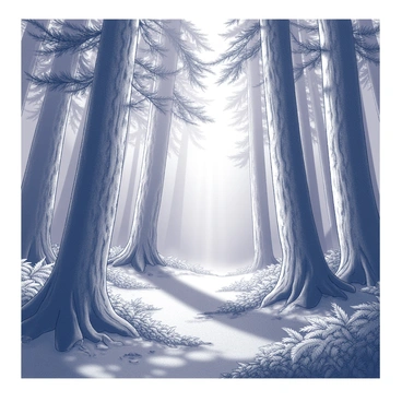 A dense forest filled with tall, ancient trees. The trunks are thick and gnarled, showcasing the texture of their rough bark. Sunlight filters through the canopy, creating patches of light on the forest floor. The ground is covered in a soft layer of leaves and ferns, adding depth to the scene. A gentle mist hangs in the air, partially obscuring the view and creating an ethereal atmosphere. The combination of light and mist enhances the tranquil feel of this vintage forest setting.