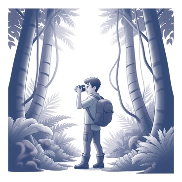 A young adventurer stands at the center of a dense jungle. The adventurer has a focused expression and is holding a camera up to their eye, ready to capture the vibrant surroundings. Thick, leafy vines cascade from tall trees, creating a natural canopy overhead. Various exotic plants and ferns are scattered around the base, adding to the lushness of the environment. Sunlight filters through the leaves, casting intricate shadows on the ground. The adventurer is dressed in rugged outdoor clothing, equipped with a backpack and sturdy boots for exploration.