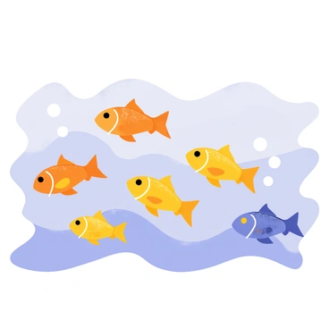 A school of fish swimming together in a wavy pattern underwater. The fish have shimmering scales that reflect and distort the light, creating a sparkling effect in the water. The scene includes various colors of fish, such as orange, yellow, and blue, moving gracefully through the undulating waves. Bubbles rise around them, adding to the lively underwater atmosphere.