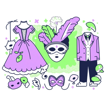 An illustration board features a collage of various masks and costumes from a masquerade ball. In the center, there is an ornate mask with intricate designs and feather embellishments. Surrounding this mask are vibrant costumes, including a flowing gown with a high collar, adorned with lace and ribbons, and a gentleman's attire complete with a tailcoat and a cravat. Scattered throughout the board are smaller masks, each with unique shapes and decorations, some featuring jewels and others embellished with sparkly accents. The background of the collage is textured, enhancing the overall depth and richness of the visual presentation.