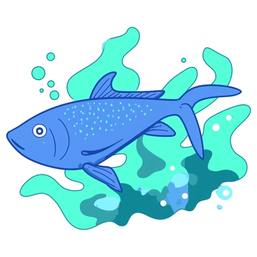 A blue fish with glittering scales swims gracefully through a sea of swirling teal and green patterns. The fish's fins are wide and flowing, blending seamlessly into the surrounding aquatic swirls. Bubbles of various sizes float around, contributing to the underwater atmosphere. In the background, additional blue and green shapes mimic the movement of water currents, enhancing the sense of fluidity and motion.