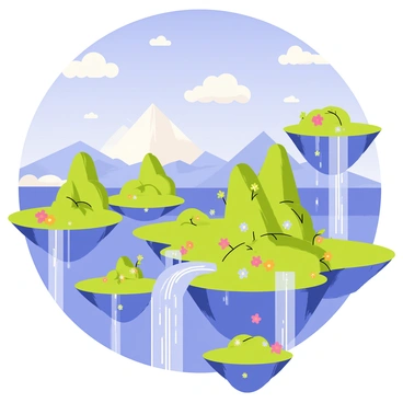 A surreal landscape featuring multiple floating islands of various sizes, each covered in lush green vegetation and colorful flowers. Waterfalls are cascading from the edges of the islands, with the water glimmering in the sunlight as it flows upwards into the sky, creating a misty atmosphere. The sky is a deep blue with fluffy white clouds scattered throughout. In the background, a large, distant mountain range can be seen, adding depth to the scene.