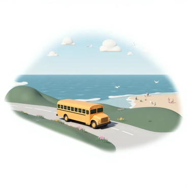 A yellow school bus is traveling along a narrow road. The bus has large windows and a bright, cheerful design. On either side of the road, there are grassy hills adorned with colorful wildflowers. In the background, the blue ocean sparkles under the sunlight, with gentle waves rolling onto the sandy shore. Seagulls can be seen flying overhead, and a few beachgoers are walking along the beach in the distance. The sky is clear with a few fluffy white clouds scattered.