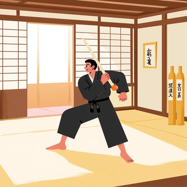 Tanjiro is depicted in a traditional dojo setting, surrounded by wooden beams and mats. He is practicing sword techniques with a wooden sword, wearing a dark kimono. His expression is focused and determined as he strikes poses, showcasing skill and precision. In the background, there are wooden training dummies and a wall adorned with calligraphy panels. Sunlight filters through the open doors, casting soft shadows on the mat.