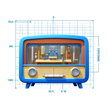 A technical drawing of a vintage radio, showcasing its internal circuitry with detailed components labeled. The drawing includes the outline of the radio's exterior, with accents indicating the materials used. Visible are the valves, capacitors, and resistors within the radio, all intricately drawn with precision. The background features grid lines for added technical detail, and annotations describe each part's function.