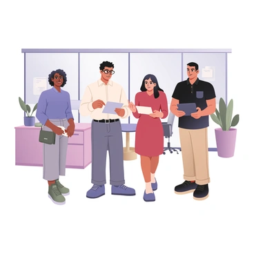 A diverse group of workers is standing together in a modern office setting. There are four individuals, each representing different ethnic backgrounds. On the left, a woman with dark curly hair and light skin is wearing a blue blouse and glasses. She is holding her pay stub and smiling. Next to her, a man with medium skin and short black hair is dressed in a white shirt and grey trousers. He is looking at his pay stub with a focused expression. To the right, a woman with brown skin and long straight black hair is wearing a red dress. She is gesturing with excitement while holding her pay stub. Finally, a man with dark skin and short hair is wearing a black polo shirt and khaki pants. He is nodding his head in approval while examining his pay stub. The background features modern office furniture, large windows, and a potted plant. The overall atmosphere is bright and professional.