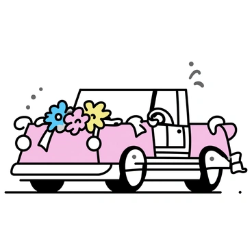 A vintage car, painted in a soft pastel color, is adorned with an abundance of colorful flowers and elegant ribbons. The flowers are arranged along the front grille and over the side mirrors, creating a vibrant and festive appearance. Ribbons in shades of white and pink cascade down from the door handles and flow gently in the breeze. The car is parked on a smooth, light-colored road, suggesting it is ready to take a couple on their journey.