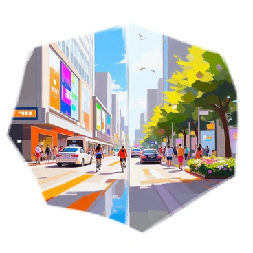 A split scene depicting a bustling urban environment on one side, featuring high-rise buildings with glass facades reflecting the sun, busy streets filled with cars and pedestrians, and billboards displaying vibrant advertisements. The people are engaged in various activities, such as walking briskly, cycling, and waiting for public transport. On the other side, a serene and untouched nature landscape is illustrated with lush green forests, a clear blue sky, and a tranquil river flowing through it. Wildflowers bloom in patches, and birds can be seen flying above the trees. The division between the two scenes is stark, highlighting the contrast between the chaotic city life and the peacefulness of the natural world.