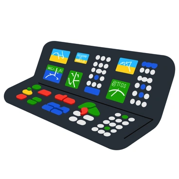 An avionics panel of a helicopter features a multitude of buttons and screens arranged neatly. The panel showcases a variety of colorful buttons in red, blue, and green, each clearly labeled with white text. Multiple screens display various flight data, including altitude, speed, and navigation information, with bright, vibrant graphics. The overall layout is functional and organized, with a sleek black frame surrounding the buttons and screens. The panel is illuminated by soft backlighting, emphasizing the intricate details of each control.