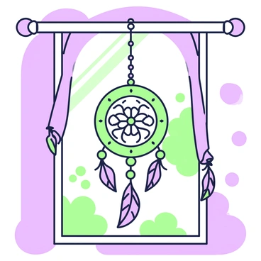 A detailed dream catcher is hanging from a window frame, its circular structure adorned with intricate patterns. The dream catcher features feathers and beads that dangle gracefully from its edges. Soft sunlight streams through the window, illuminating the dream catcher and casting gentle shadows on the surrounding wall. The light creates a warm, inviting atmosphere in the room, enhancing the natural beauty of the dream catcher.