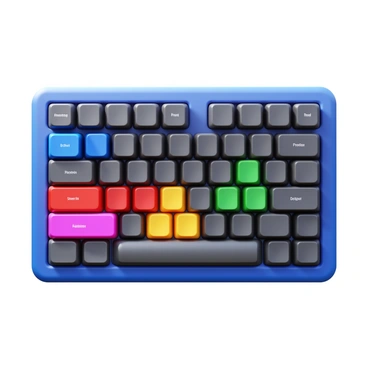 A 3D icon of a computer keyboard. The keyboard has a sleek and modern design with a glossy finish. The keys are black, and certain keys are brightly highlighted in vibrant colors to display "Adobe Photoshop", "Adobe Illustrator", "Adobe Premiere Pro", and "Adobe After Effects" shortcuts. Each highlighted key features a clear, bold icon or text representing the specific shortcut function. The overall composition emphasizes the clarity and functionality of the highlighted keys.