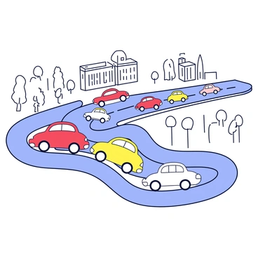A representation of blood cells traveling through a vein is illustrated as colorful cars on a highway. The cars vary in size and shape, with some resembling red blood cells as round, smooth vehicles, while others mimic white blood cells as larger, more angular vehicles. The highway is depicted with clear lanes, and the surrounding landscape includes simplified trees and buildings to represent the body. The scene conveys a sense of movement, with some cars speeding along the highway and others at a steady pace.