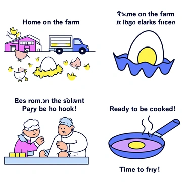 A comic strip consisting of four panels. The first panel shows a sunny farm scene with a large barn and chickens pecking the ground. An egg sits in a nest, surrounded by hay, with the text above it saying "Home on the farm." The second panel depicts a delivery truck on the road, with the egg securely placed inside a carton. The text above reads "On the way to the market." The third panel shows a bustling kitchen with a chef preparing to cook. The egg is taken out of the carton and placed on a counter. The text above the egg says "Ready to be cooked!" The final panel illustrates the egg cracked open in a frying pan, sizzling with a bright yellow yolk visible. The text above states "Time to fry!"