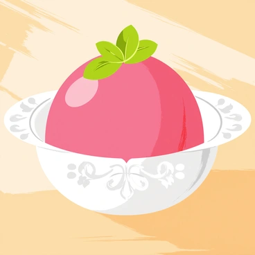 A scoop of pink lychee sorbet sits in an ornate white dish with elegant patterns. The sorbet is smooth and glossy, reflecting light. Fresh green mint leaves are placed delicately on top, adding a vibrant contrast. The dish rests on a wooden table, enhancing the luxurious presentation.