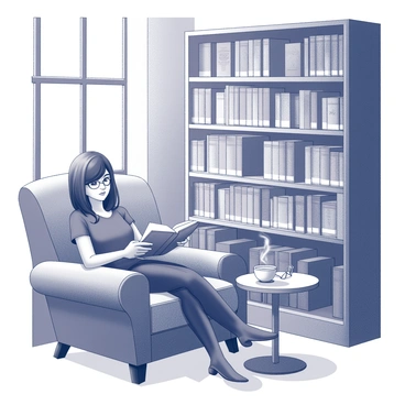 Amy is seated comfortably in a cozy corner of a library. She is nestled in a plush armchair, holding an open book in her lap. Surrounding her are shelves filled with neatly arranged books, some featuring "blue covers." Soft light filters in from a nearby window, casting gentle shadows across the space. A small table beside her holds a steaming cup of tea and a pair of reading glasses. The atmosphere is inviting, filled with the quiet presence of knowledge and serenity.