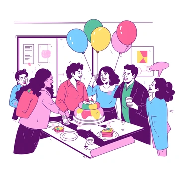 A group of employees is gathered in a cheerful office, smiling and laughing together. They are surrounded by colorful balloons in various sizes, with some floating above their heads. In the center of the group, there is a large cake decorated with vibrant icing, resting on a table. The employees are holding plates and cups, and some are reaching for slices of the cake. The atmosphere is lively and joyful, capturing the essence of their celebration.