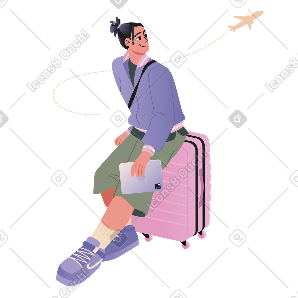 Travelling by plane illustration featuring a person at the airport clipart in PNG SVG GIF