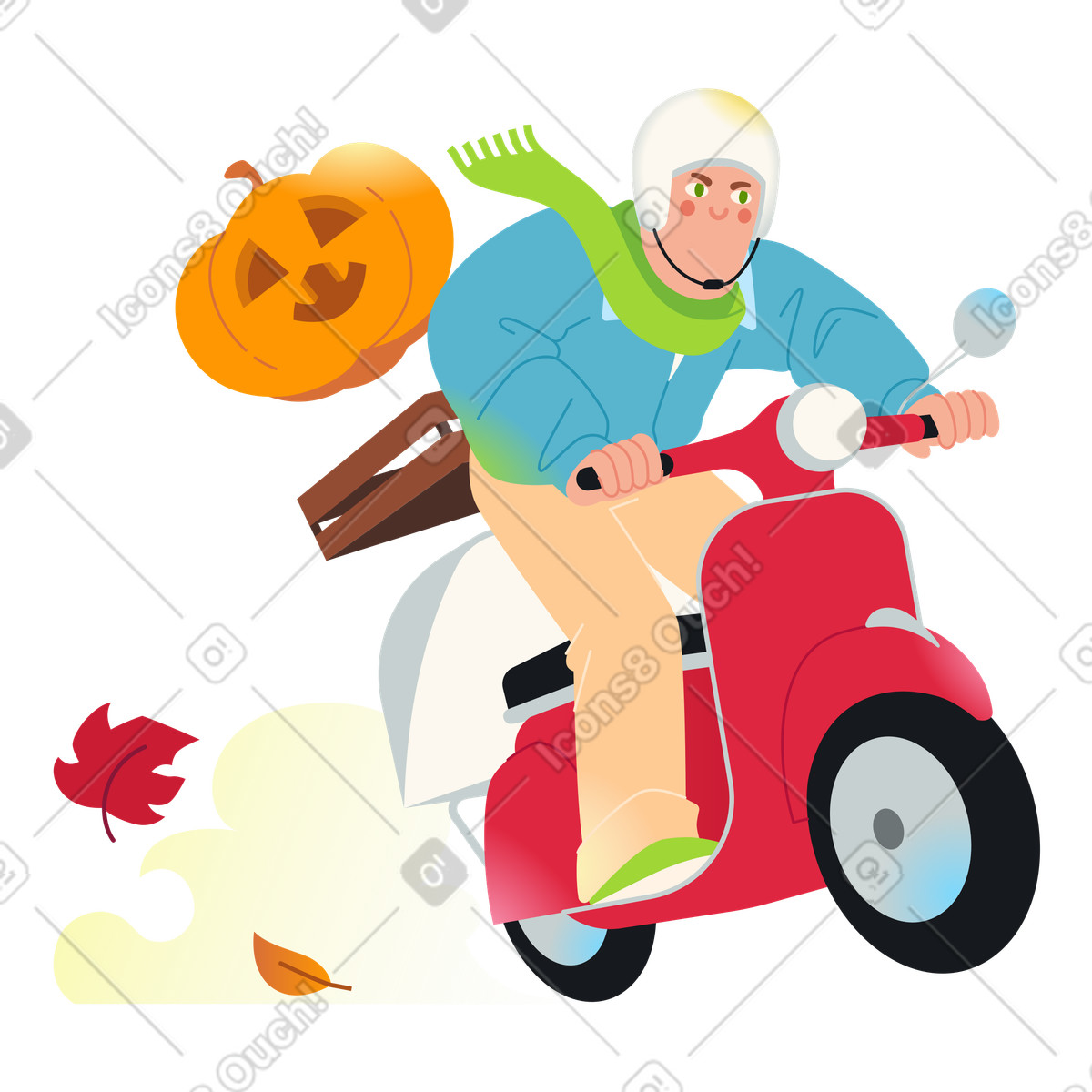 Ilustración Riding scooter with Jack-o'-lantern, Halloween delivery and preparation en estilo Fizzy a descargar en PNG y SVG