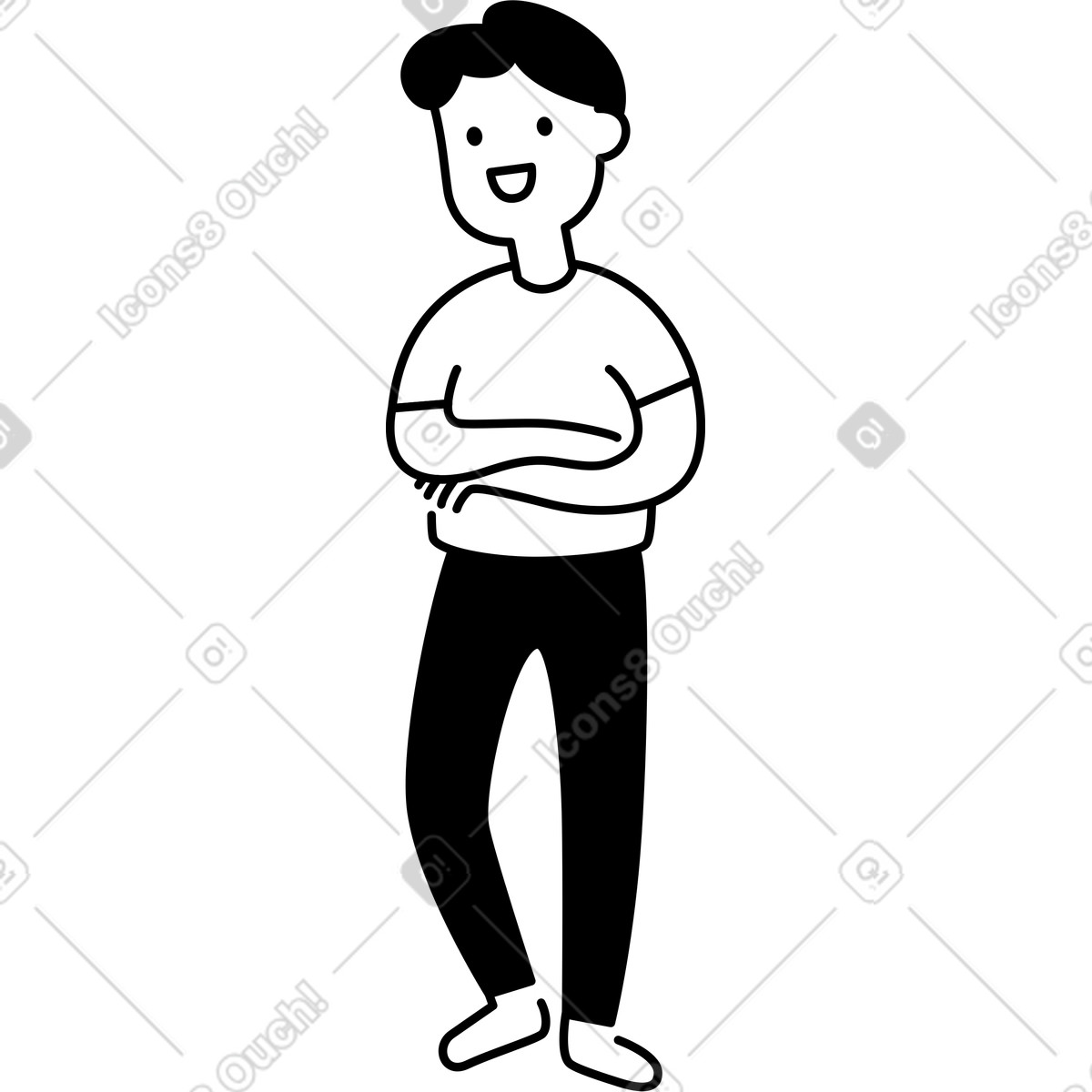 Character standing with arms crossed wearing hoodie and casual shoes-Illustration im Notion Line Art-Stil als Download in PNG, SVG
